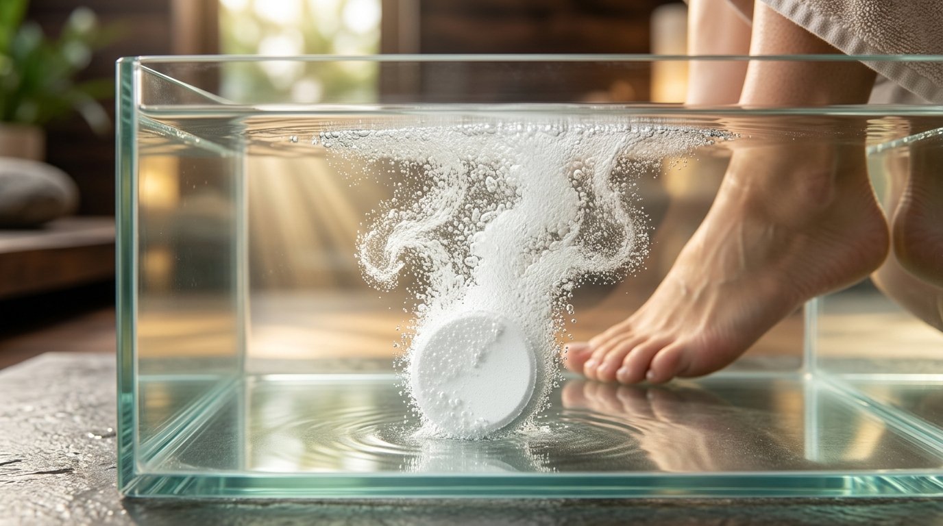 Pure white solid-state hydrogen tablet dissolving into micro-nano bubbles in clear water