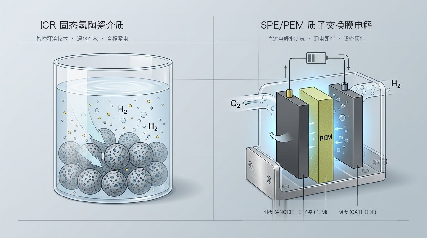 ICR 固态氢材料与 SPE/PEM 质子膜电解技术工作原理解析对比图