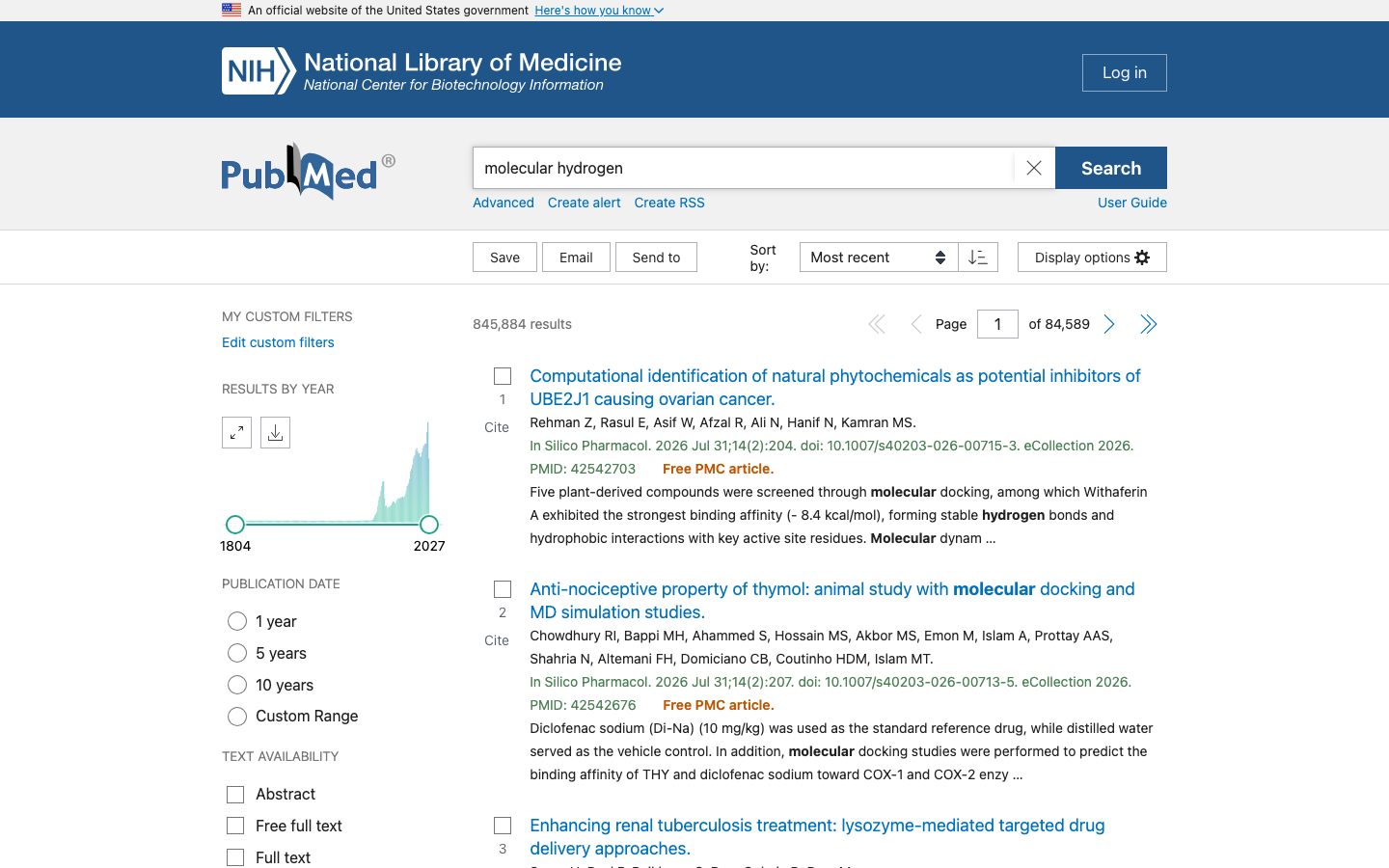 PubMed molecular-hydrogen search official source page